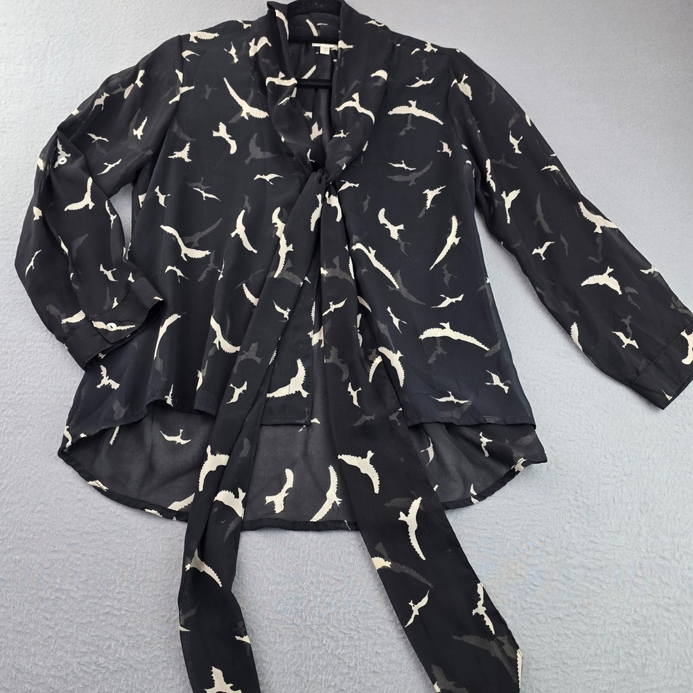 Marisol Blouse Top Womens Large Black Distinct Crane Print Tie Neck Button Front